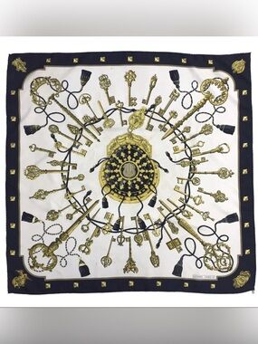 Hermes LES CLES Silk Scarf Carré 90 Black White Hand Rolled Made in France